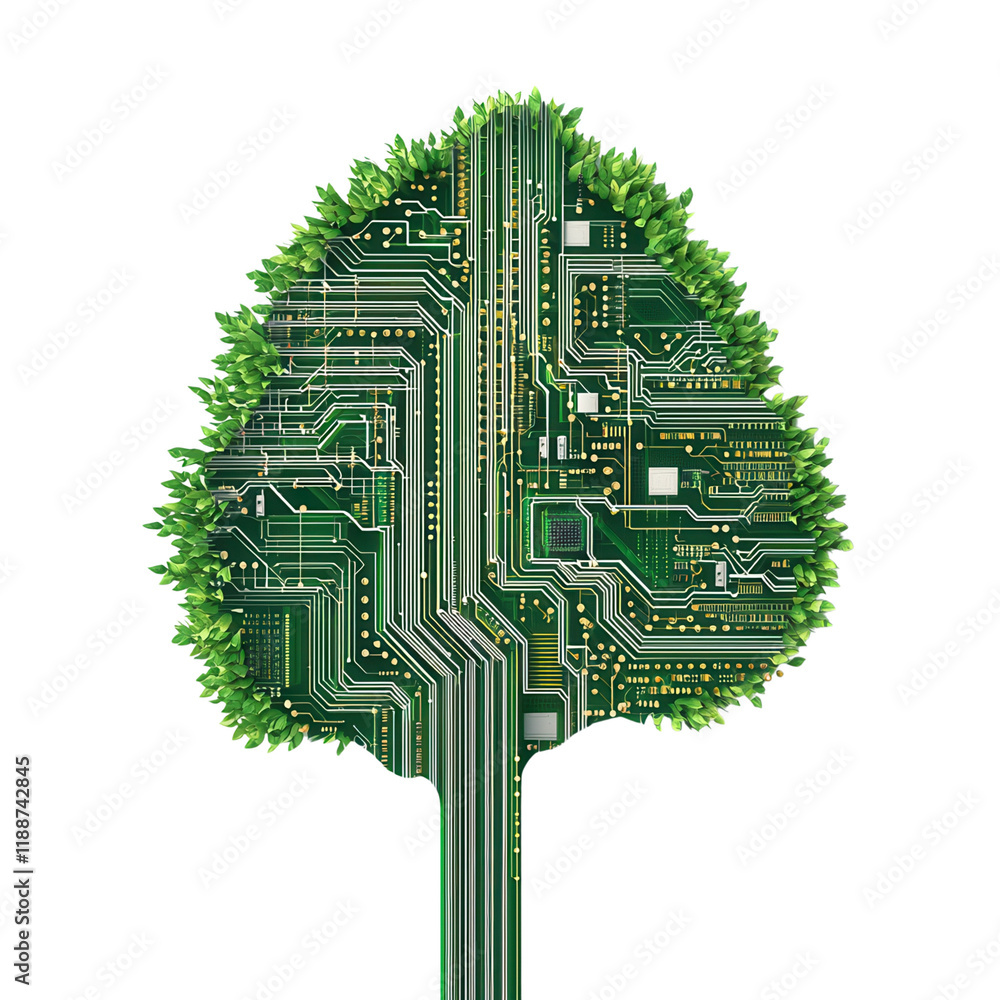 Poster a stylized green leaf integrated with intricate circuit patterns, symbolizing the fusion of nature a