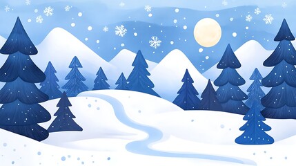A blue and white drawing of a snowy landscape with a moon in the sky
