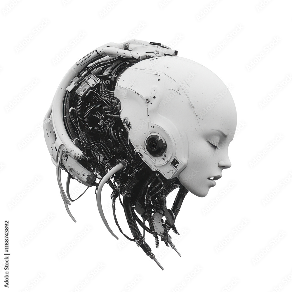 Poster a futuristic robotic head with intricate mechanical elements, merging human features with advanced t