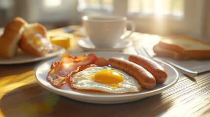 Sunny breakfast of fried egg, bacon, sausage, toast, and coffee.