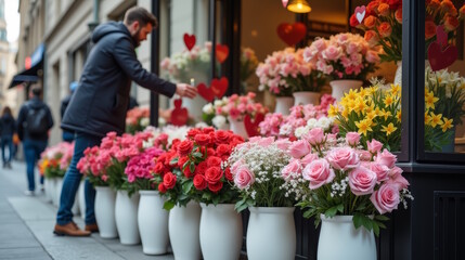 Fototapeta premium Flower shop showcase, bouquets in vases on the street, men choose flowers, sale of flowers for Valentine's Day, Mother's Day, Women's Day and other holidays
