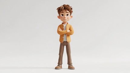 A 3D rendered cartoon boy with arms crossed, looking up thoughtfully.