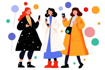 Celebrating Women's Day, diverse women with smartphones, colorful balloons in the background, cartoon style, March 8, feminism, empowerment concept
