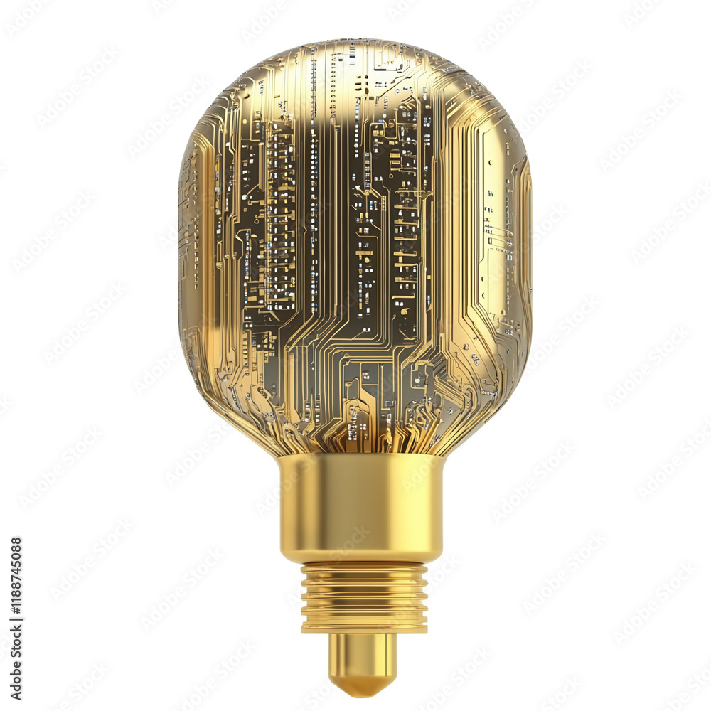 Poster a light bulb with intricate circuit board patterns, featuring a golden base and a modern design, sym