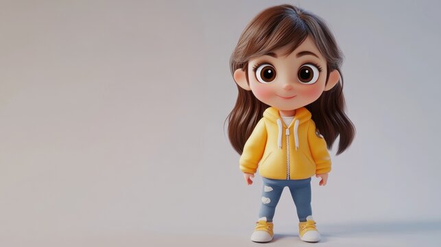 Cute cartoon girl in yellow hoodie.