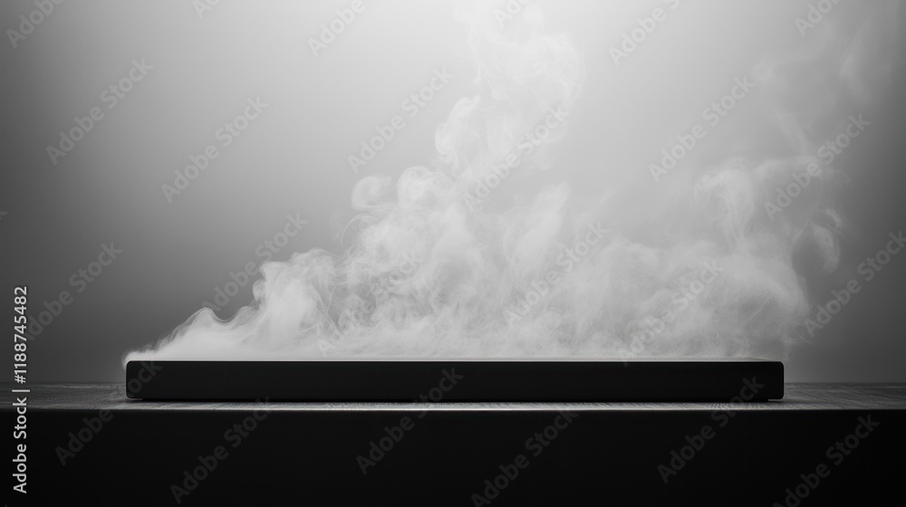 Poster mysterious steam rising from a rectangular object on a dark surface