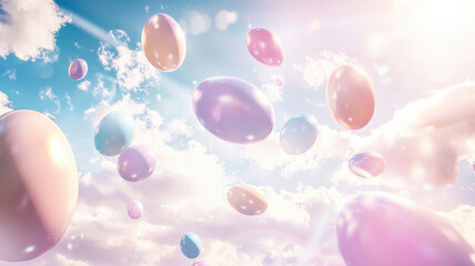 Fototapeta premium A surreal Easter composition featuring floating pastel-colored eggs surrounded by soft clouds and beams of light. The ethereal setting creates a dreamlike and artistic impression