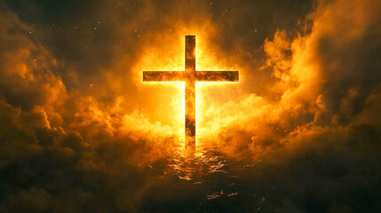 The cross seems to glow with golden light from within. The cross is placed on a dark, rocky or earthy background, shrouded in smoke or fog.