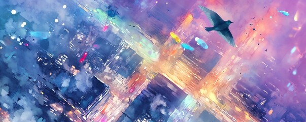 Abstract cityscape painting with a bird in flight, vibrant colors, and dreamy atmosphere. Perfect for fantasy, urban, or nature themes.