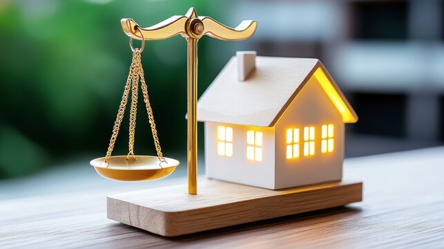 A miniature house model next to a balanced scale, symbolizing justice and real estate themes, illuminated warmly to evoke a sense of comfort and security.