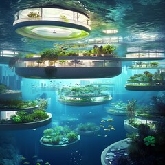 Futuristic underwater city concept.  Sustainable floating habitats with lush vegetation and marine life.  A vision of innovative ocean architecture.