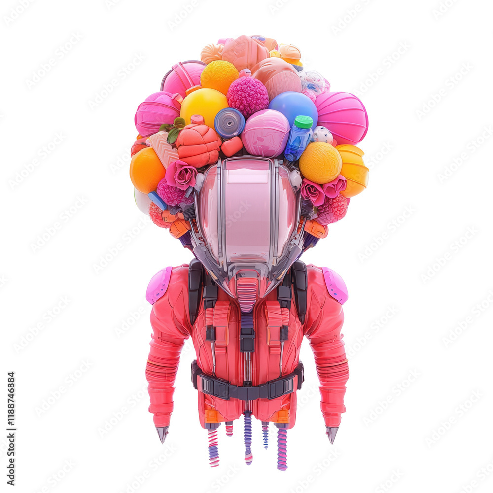 Poster a vibrant astronaut figure adorned with a colorful array of flowers and shapes on its helmet, showca