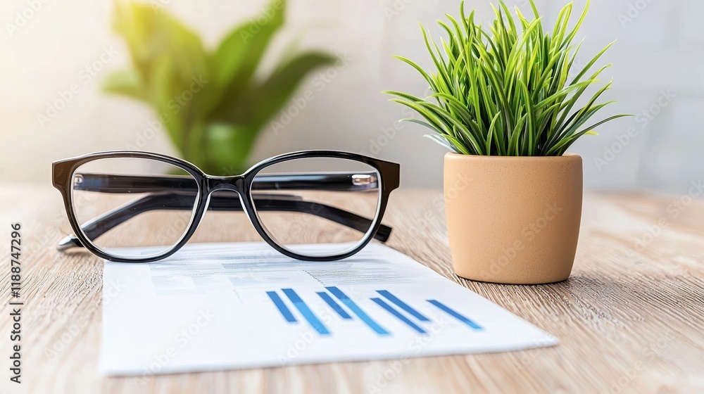 Poster a pair of glasses rests on a document with graphs, alongside a small potted plant, creating a serene