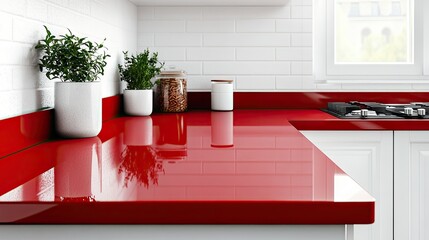 A modern kitchen with a bold red counter and contrasting white cabinetry.