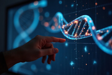 Hand pointing to a large touchscreen GUI showing DNA helix strand. Concept on development on human genome sequencing, advanced genetic research, cloning science, personalized medicine in the future.