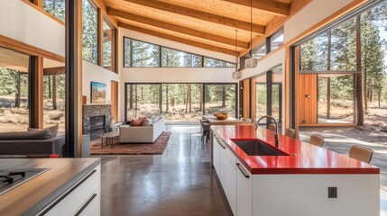 A modern kitchen with a bold red counter and contrasting white cabinetry.