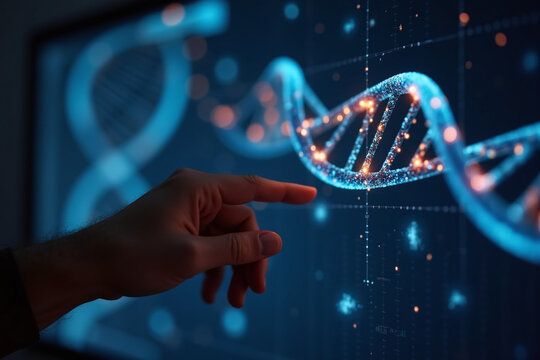 Hand pointing to a large touchscreen GUI showing DNA helix strand. Concept on development on human genome sequencing, advanced genetic research, cloning science, personalized medicine in the future. - Powered by Adobe