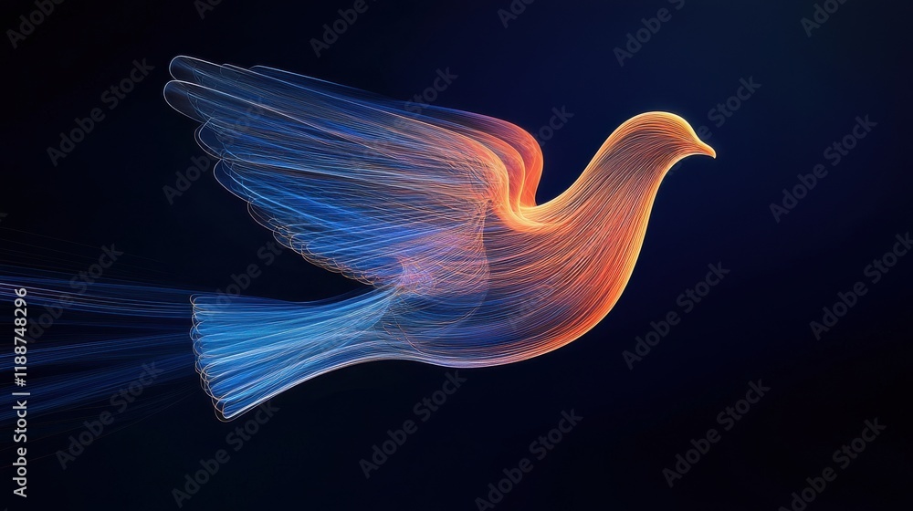 Poster abstract representation of a dove created by colorful light trails on a dark background