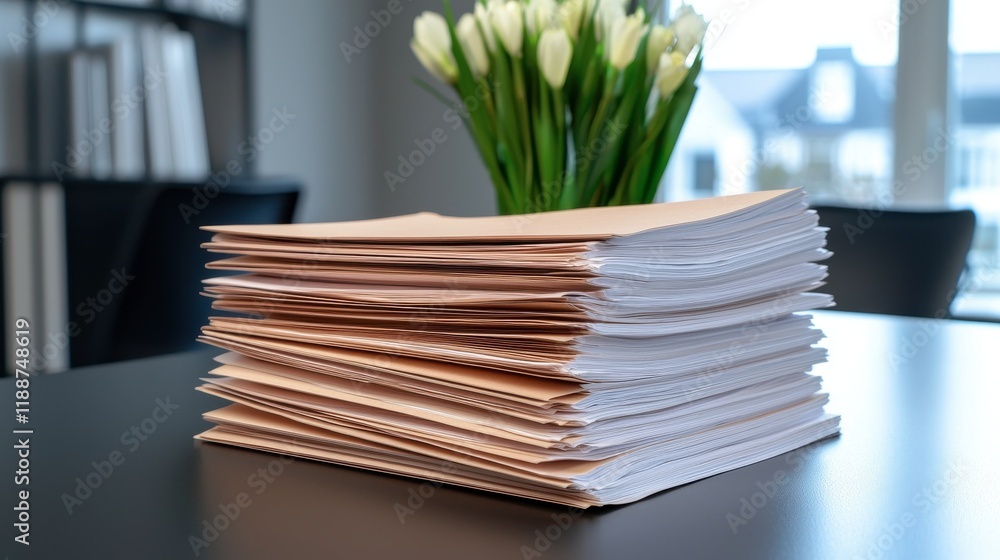 Poster a neatly stacked pile of papers on a table, complemented by a vase of fresh flowers, creating a clea