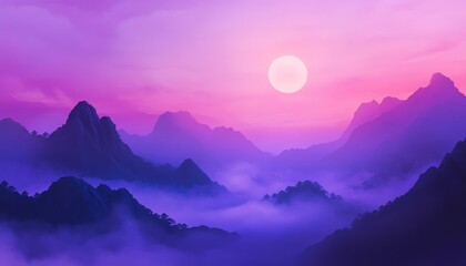 Serene landscape photography featuring a full moon rising over misty purple mountains at sunset.  Peaceful, ethereal, and dreamlike.