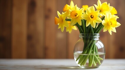 Spring Daffodils in a Vase on a Wooden Background