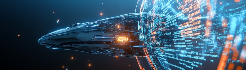 Fototapeta premium Futuristic spaceship engulfed in digital data streams. Sci-fi, technology, space travel, digital art.