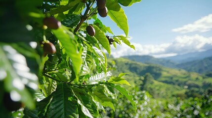 Lush Green Coffee Plant Leaves and Berries on Mountainside