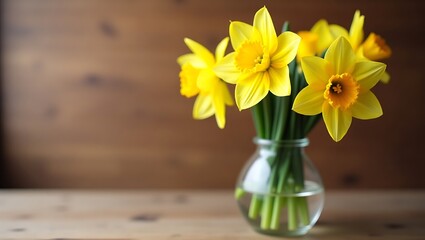 Spring Daffodils in a Vase on a Wooden Background