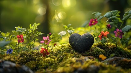 Stone Heart nestled in Vibrant Spring Flowers Mossy Forest Sunlight