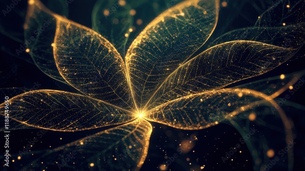 Poster abstract glowing leaf patterns forming a tree symbol in an artistic digital composition