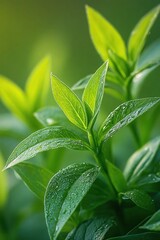 Obraz premium Lush Green Dew Drops on Vibrant Spring Leaves Nature Photography