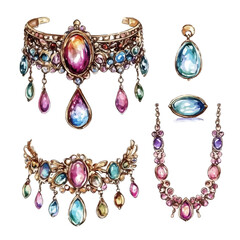 A watercolor vector painting of a vintage jewelry set, isolated on a white background. Vintage jewelry set vector.

