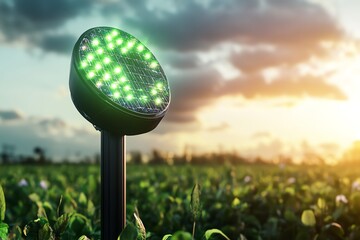 Smart agriculture technology.  LED sensor in a field at sunset. Precision farming, crop monitoring, IoT.