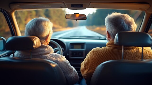 Elderly Couple Enjoying a Scenic Drive Together at Sunset