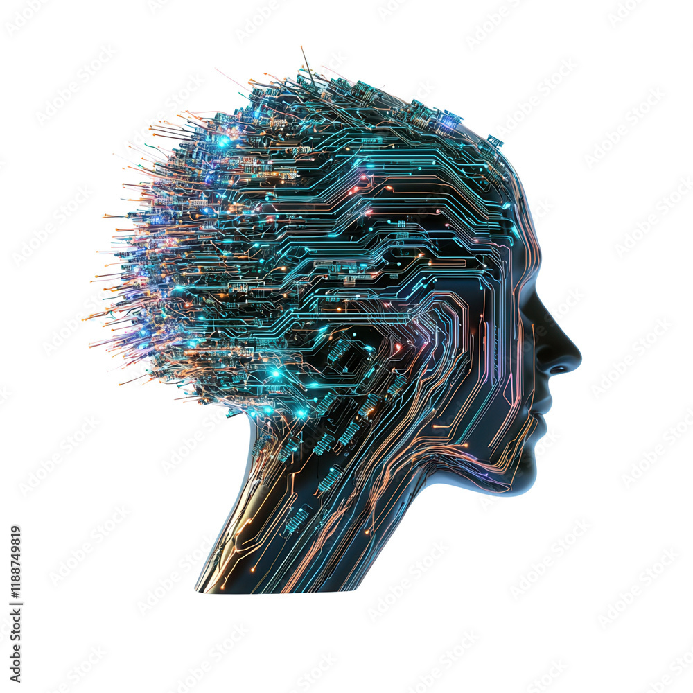 Poster a futuristic head silhouette composed of intricate circuit patterns and vibrant lights symbolizing t