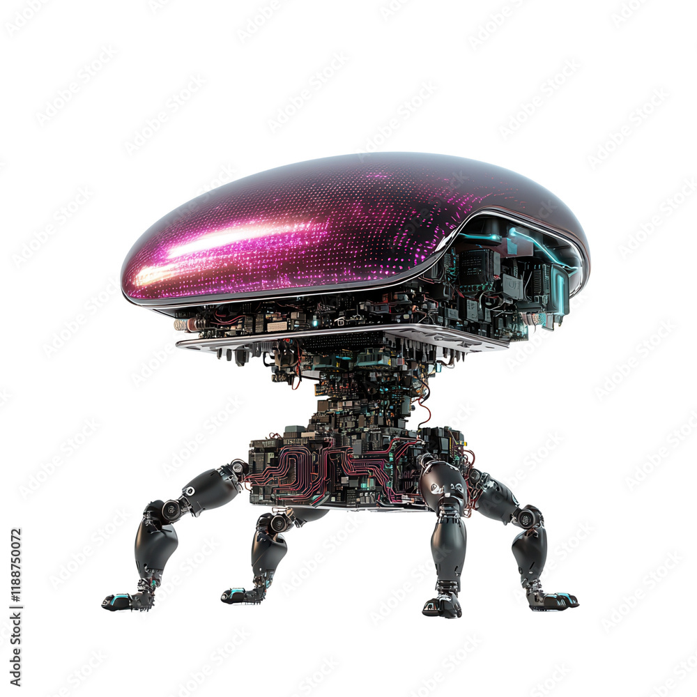 Poster a futuristic robotic entity resembling a jellyfish, featuring a glossy surface and intricate mechani