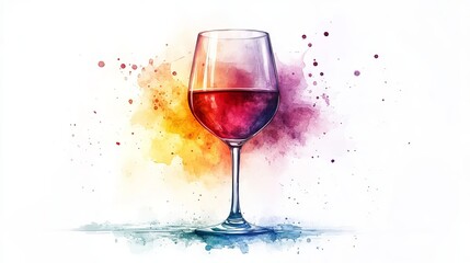 Elegant Glass of Wine Surrounded by Colorful Watercolor Splashes Creating a Lively Artistic Atmosphere