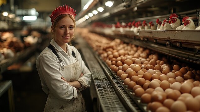 Confident female poultry farmer in a large-scale egg production facility.