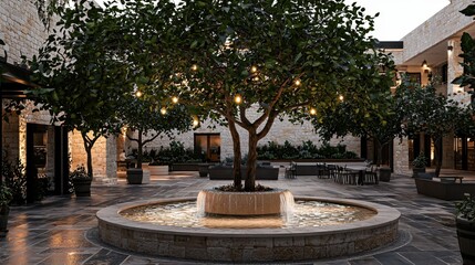 Serene Courtyard Oasis Illuminated Tree Fountain Evening Ambiance
