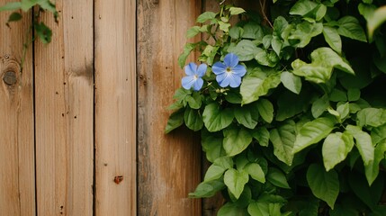 Fototapeta premium Blue Flowers Blooming on Wooden Fence Rustic Spring Nature Scene