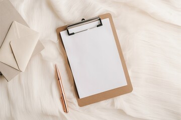 Clipboard with blank paper, wooden pencil, neutral beige fabric background, minimalist desk setup, top-down view, soft natural lighting, clean aesthetic, office supplies, writing materials, simple com
