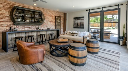 A rustic wine bar setup in a living room with exposed brick walls and modern furniture.