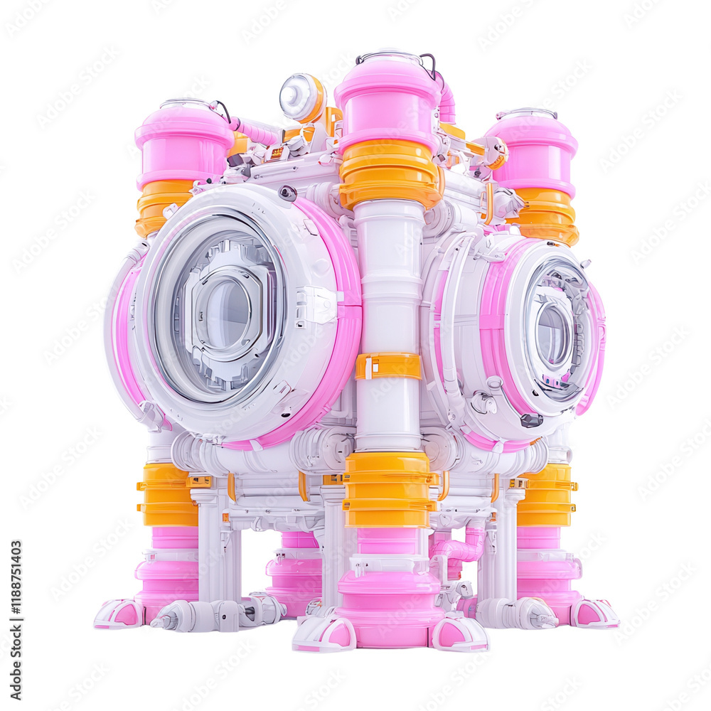 Poster a colorful, futuristic structure with round, clear sections and vibrant accents, resembling a playfu