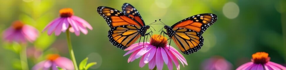 Naklejka premium Two monarch butterflies nectaring on vibrant purple coneflowers , vibrant, fauna