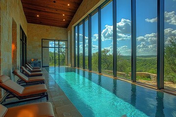 Obraz premium Indoor Pool Relaxation: Luxury Home Design with Stunning Views and Tranquil Ambiance