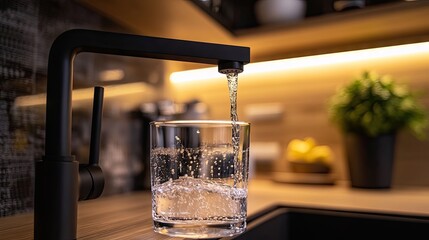 A sleek black faucet pouring water into a crystal-clear glass in a modern kitchen.
