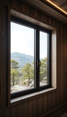 Fototapeta premium Mountain View Through Modern Cabin Window