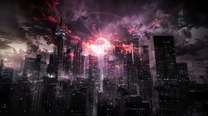 Futuristic cityscape at night.  Ornate, steampunk-inspired architecture glows under a vibrant alien sky.  Ideal for sci-fi, fantasy, and game design.