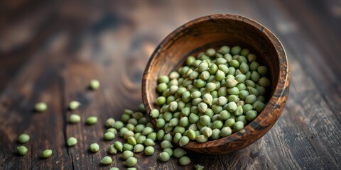 Fototapeta premium A wooden bowl overflowing with small, pale green seeds spills onto a dark brown wooden surface