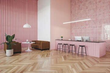 Retro modern interior, pink striped walls, white geometric pendant light, brown curved sofa, herringbone wood floor, pink kitchen island, minimalist bar stools, floating shelves, potted plant, 3D rend